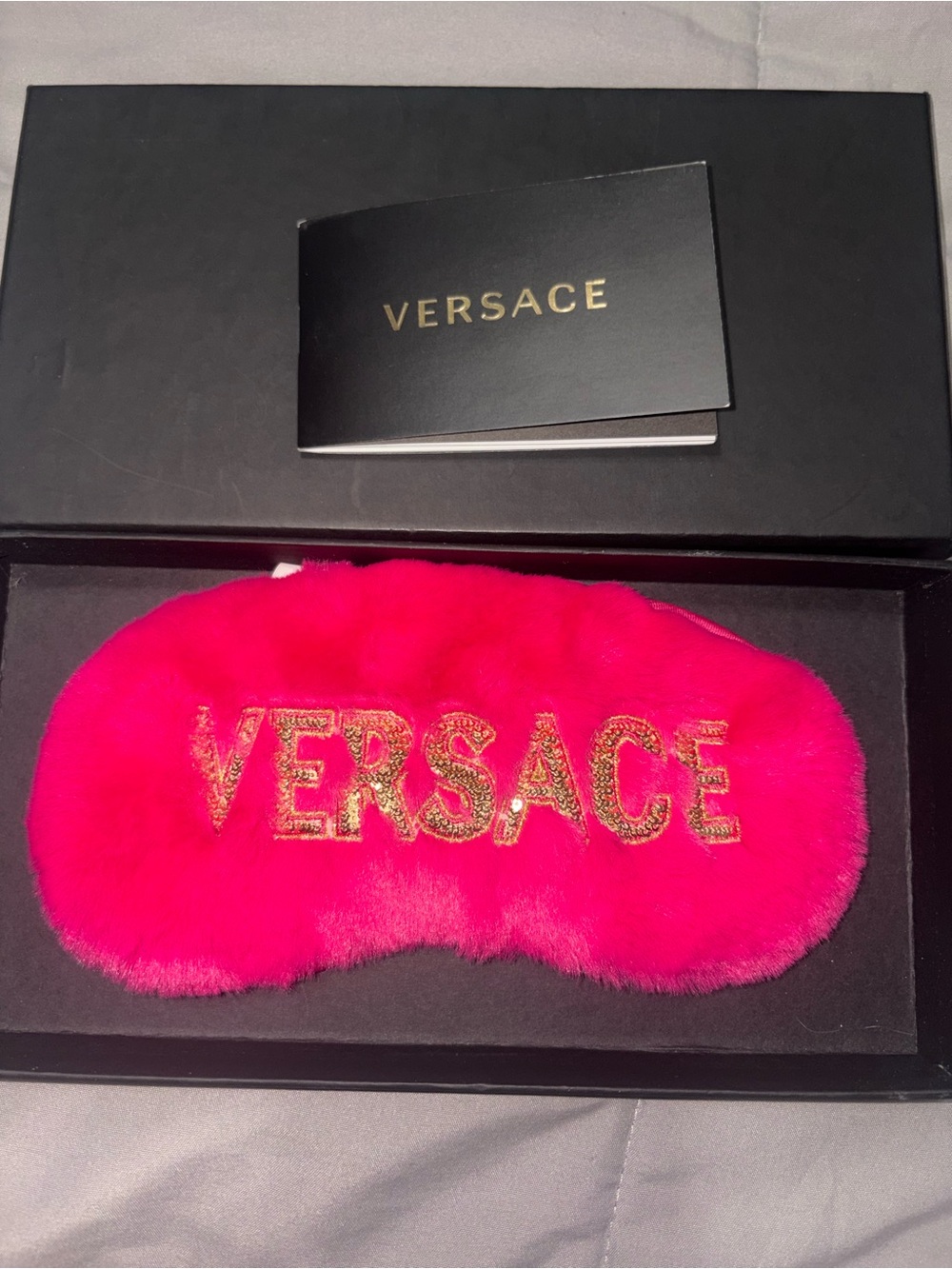 Versace Bright Pink Faux Fur Eye Mask with Gold Embroidered Logo